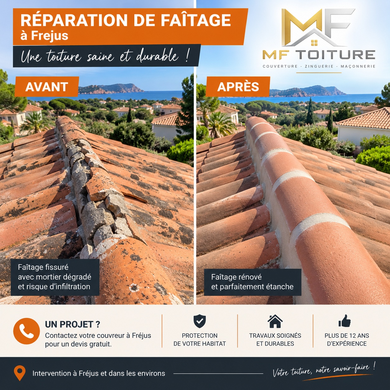 réparation de faitage et maçonnerie par un couvreur à Fréjus